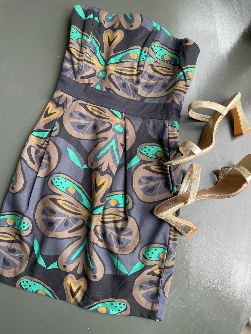 French Connection Strapless Floral-Print Dress in Black, Teal & Tan
